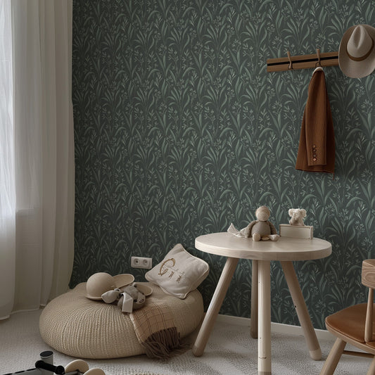 Vintage Grass Wallpaper in Deep Forest shown in a bedroom