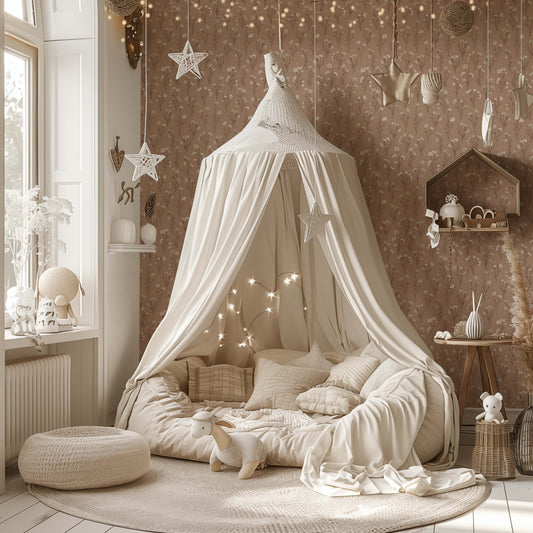 Cottage Garden Wallpaper in Peach shown in a nursery