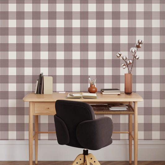 Vintage Gingham Wallpaper in Burgundy shown in study room
