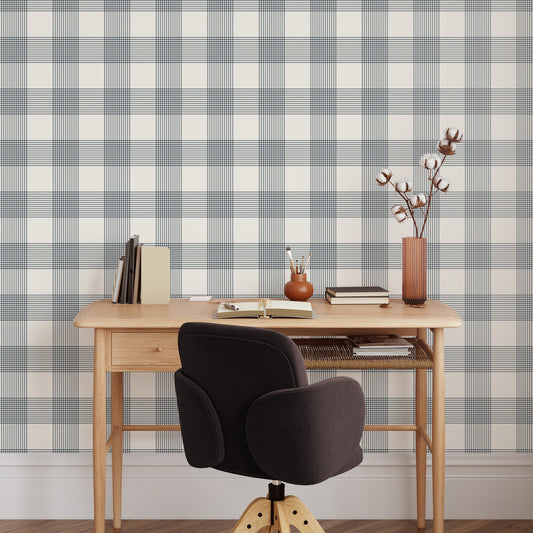 Vintage Gingham Wallpaper in Slate Blue shown in an office