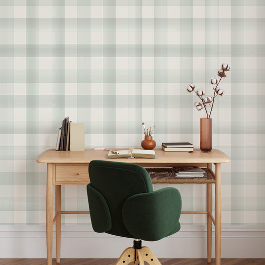 Vintage Gingham Wallpaper in Mint Green shown in an office