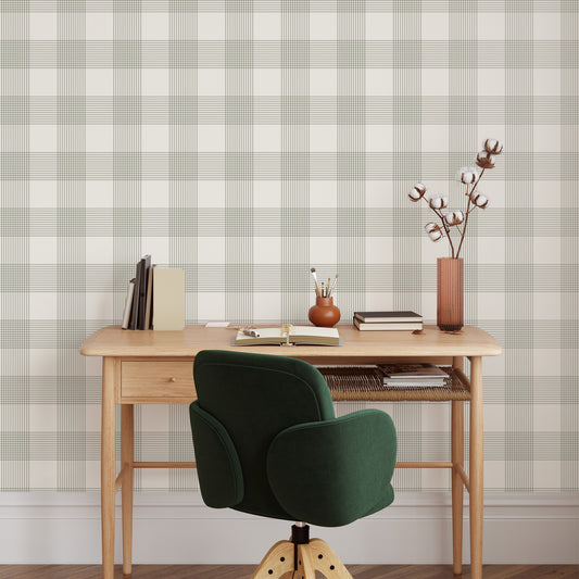 Vintage Gingham Wallpaper in Soft Sage shown in an office