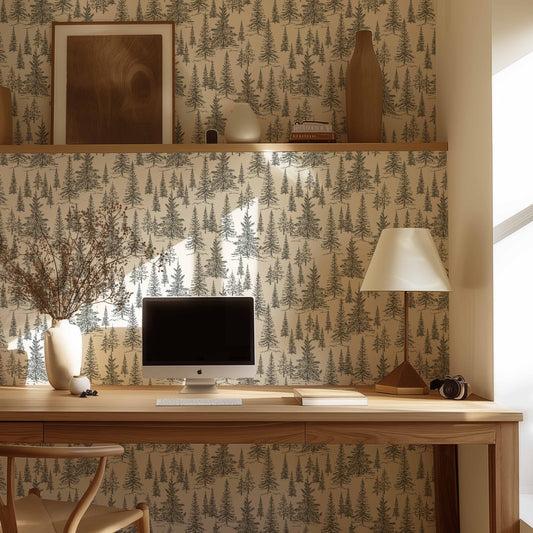 Winter Pines Wallpaper in Forest Green shown in a study room