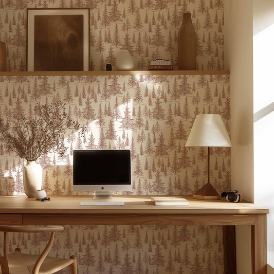 Winter Pines Wallpaper in Rust Orange shown in an office