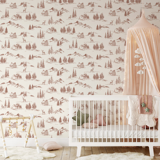 Winter Valley Toile Wallpaper in Rust Orange shown in a nursery