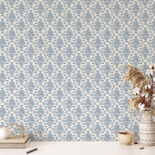 Rustic Lacy Wallpaper in Light Blue shown in a study room