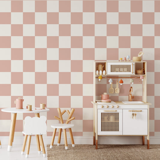 Classic Check Wallpaper in Dusty Pink shown in a playroom