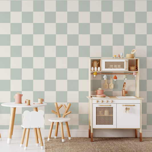 Classic Check Wallpaper in Mint Green shown in a playroom