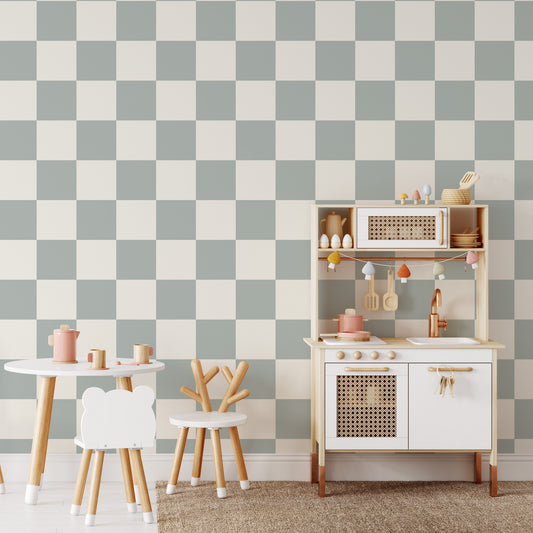 Classic Check Wallpaper in Sage Green shown in a playroom