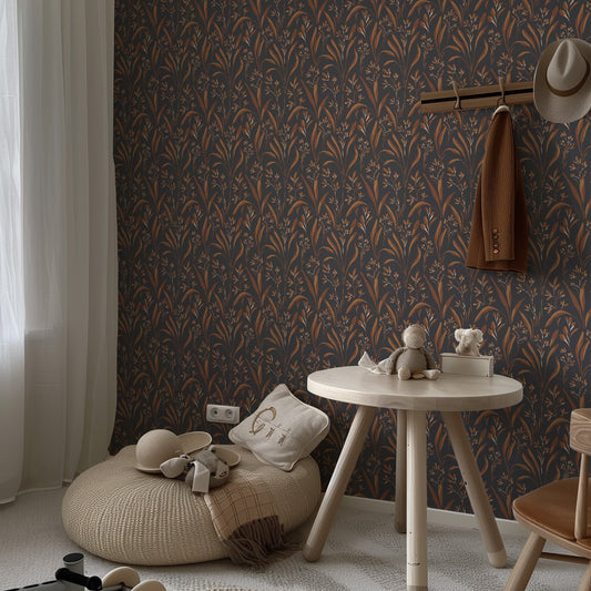 Vintage Grass Wallpaper in Charcoal Brown shown in a bedroom