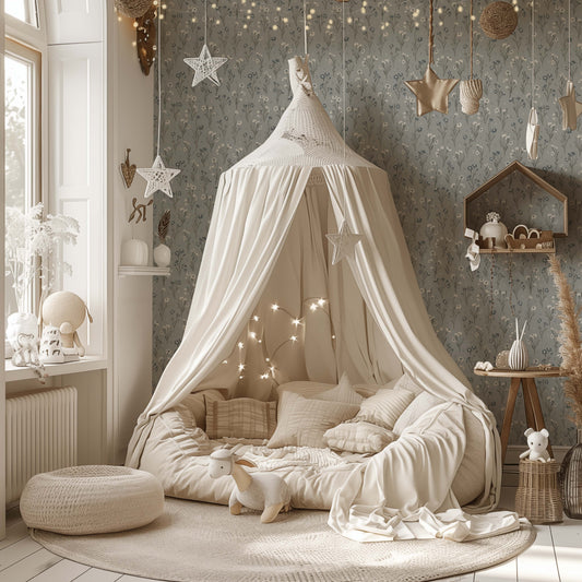 Cottage Garden Wallpaper in Dusty Blue shown in a nursery