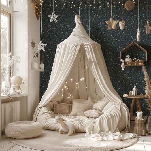 Cottage Garden Wallpaper in Navy shown in a nursery