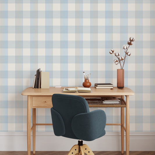 Vintage Gingham Wallpaper in Light Blue shown in an office