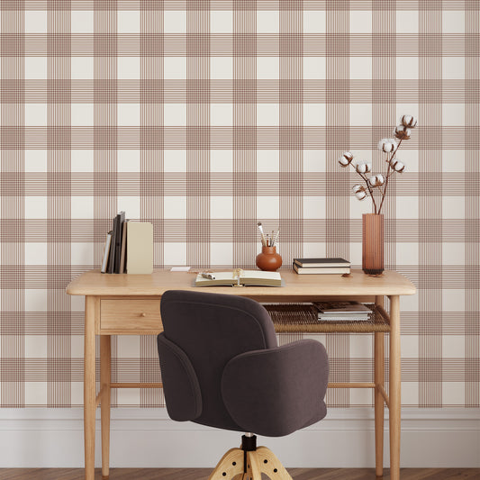 Vintage Gingham Wallpaper in Mocha Mousse shown in an office