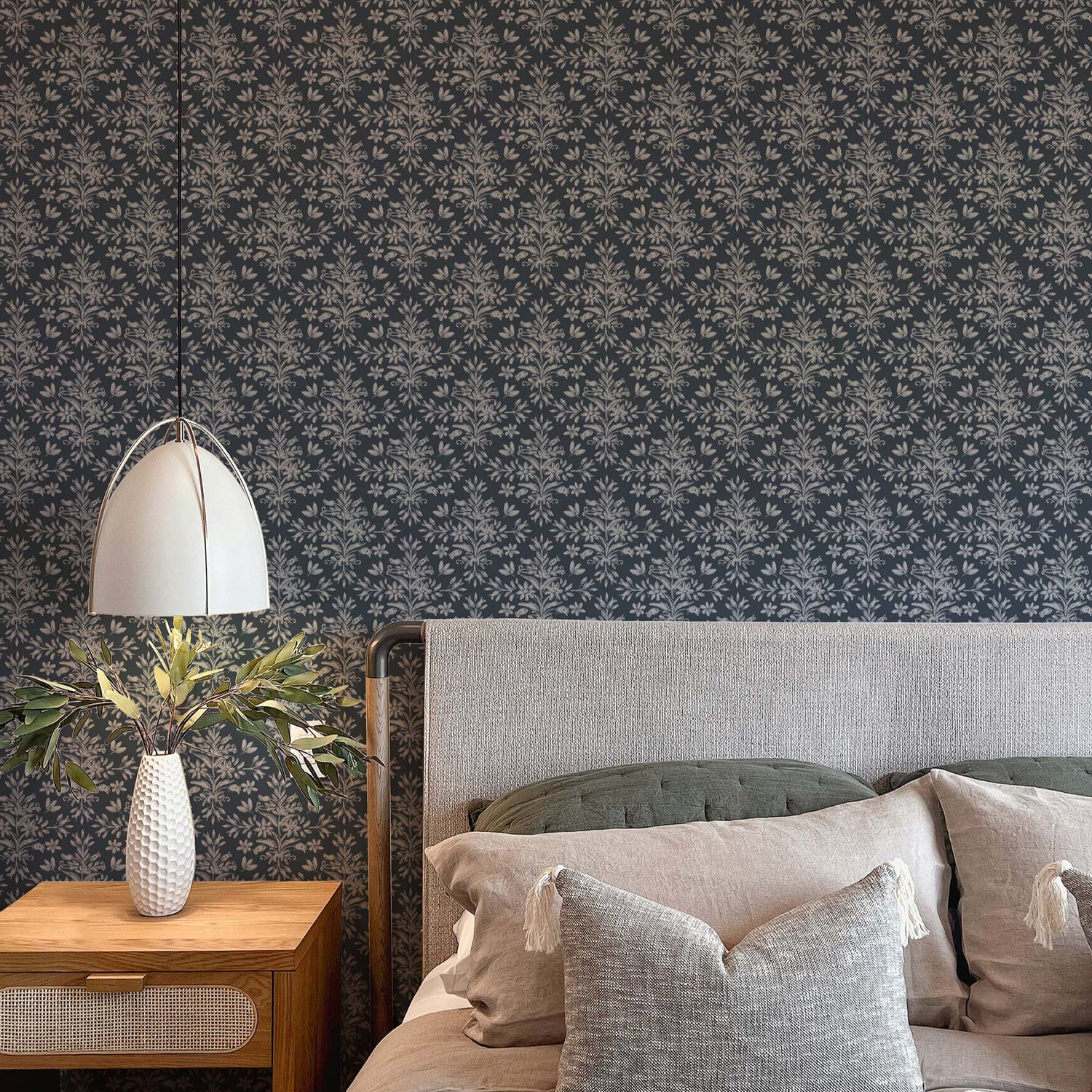 Rustic Lacy Wallpaper in Navy Blue shown in a bedroom