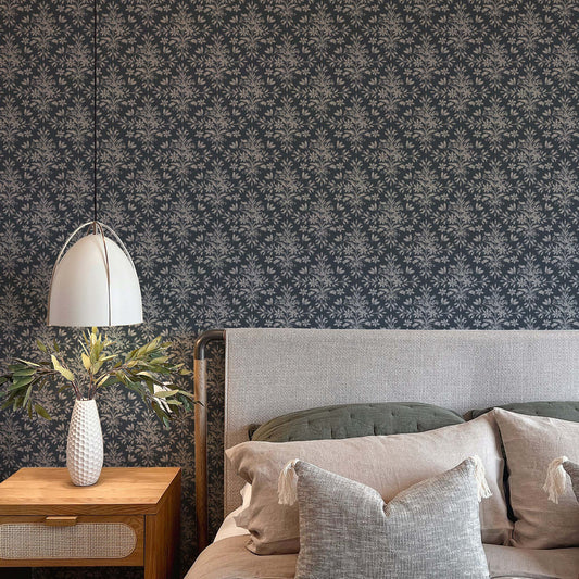 Rustic Lacy Wallpaper in Navy Blue shown in a bedroom