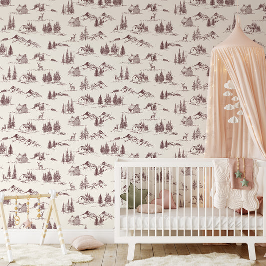 Winter Valley Toile Wallpaper in Burgundy shown in a nursery