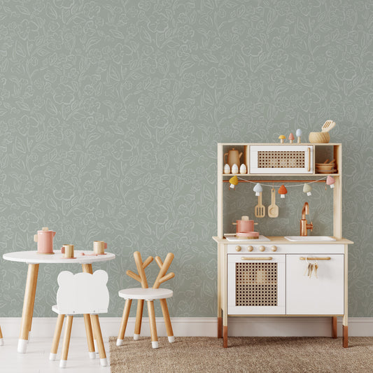 This Beverly Wallpaper in blue offers a stylish and feminine touch with its delicate floral design shown in full size image.