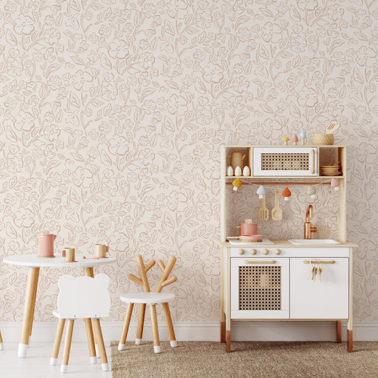 This Beverly Wallpaper in nude offers a stylish and feminine touch with its delicate floral design shown in full size image.