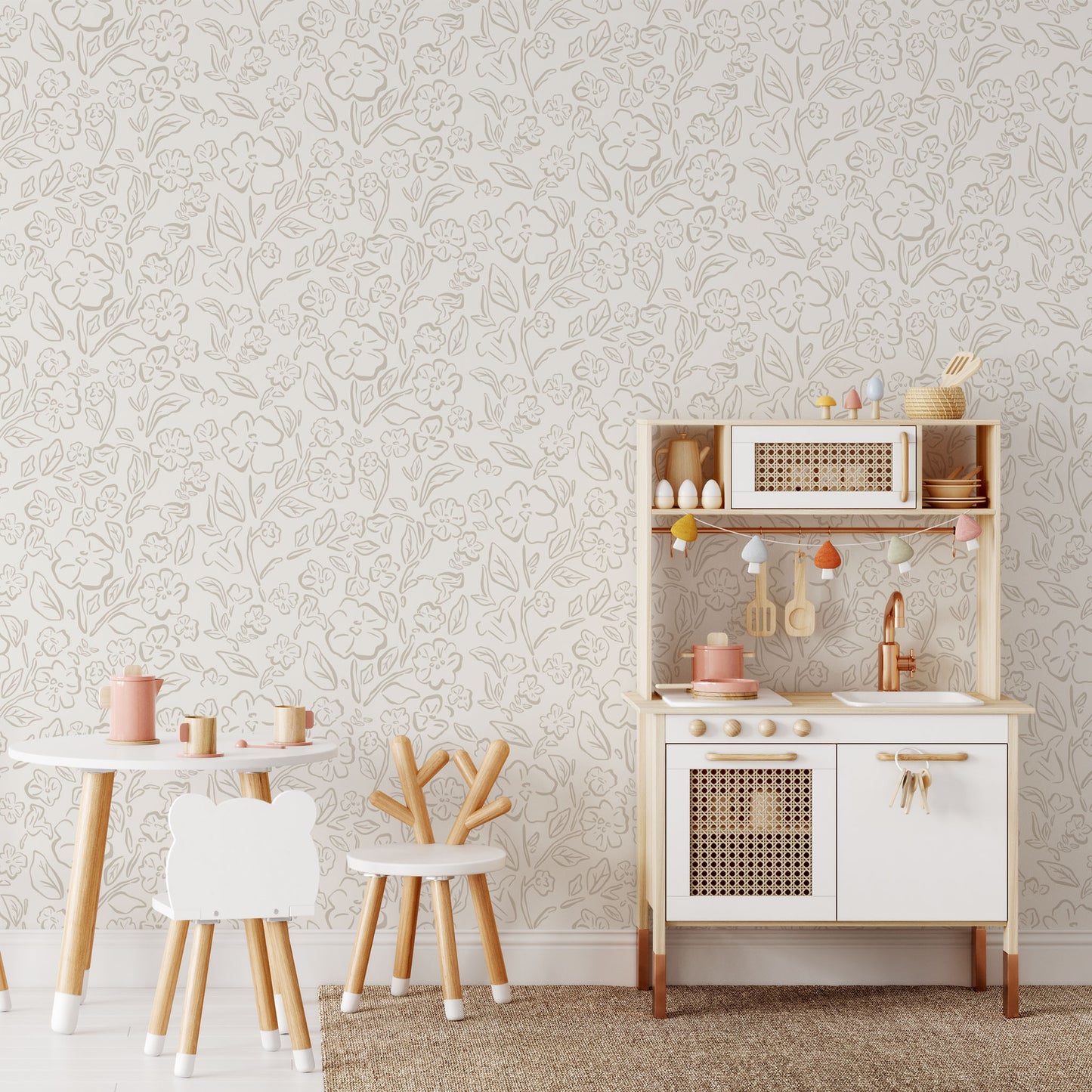 This Beverly Wallpaper in nude offers a stylish and feminine touch with its delicate floral design shown in full size image.