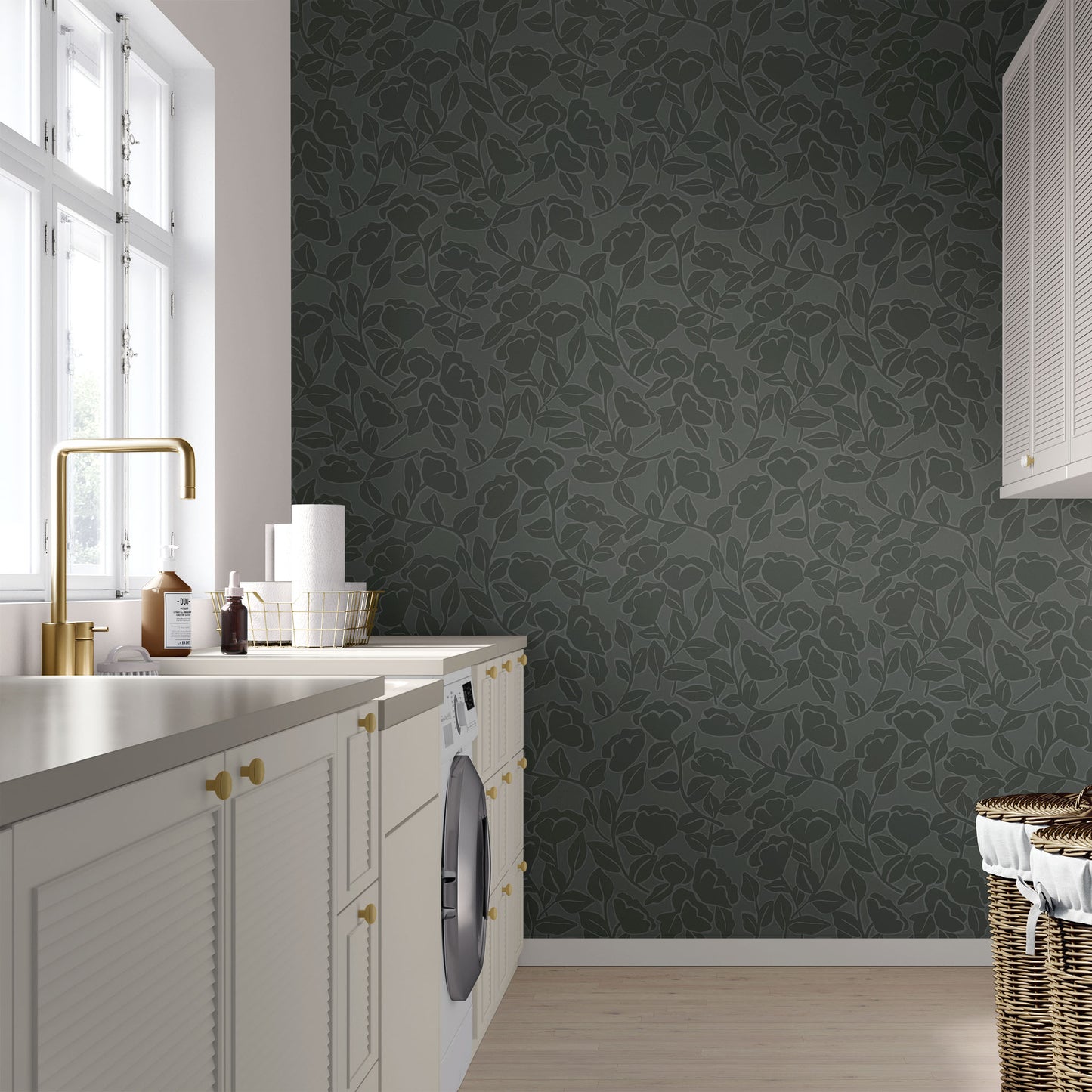 Brookline wallpaper with vines and big florals shown in full size image.