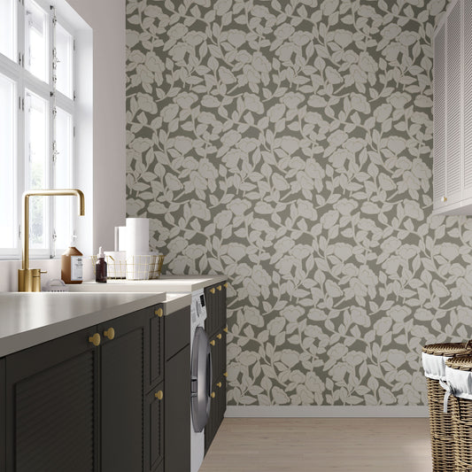 Brookline wallpaper with vines and big florals shown in full size image.