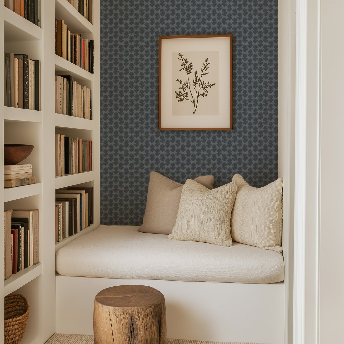 Block Printed Floral in Blue in a reading nook.