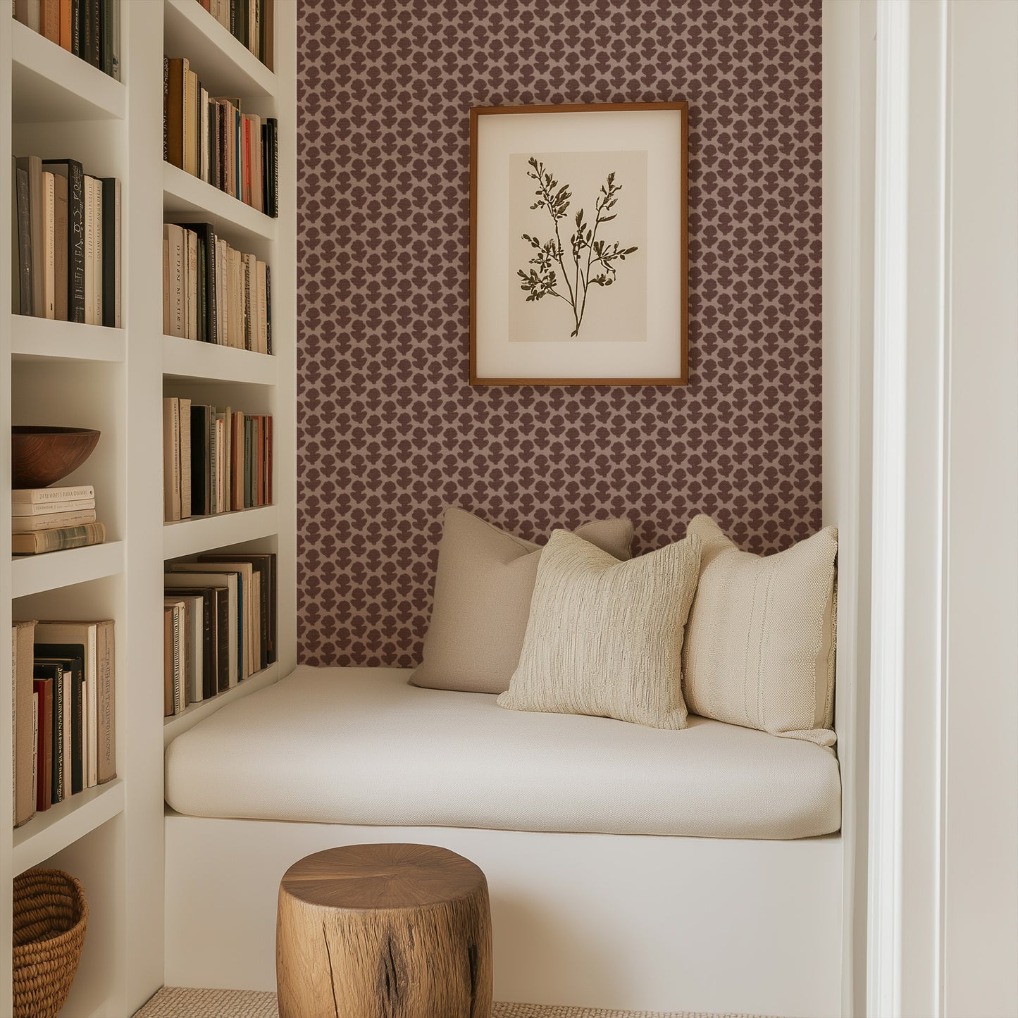 Block Printed Floral Wallpaper - Burgundy Rose in a reading nook.