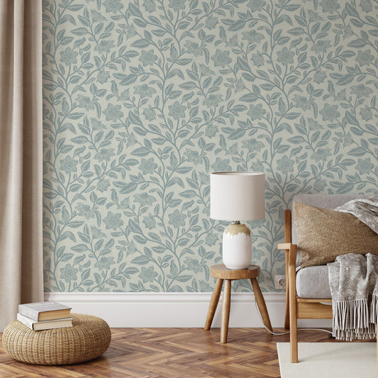 Block Printed Floral Vines Wallpaper in Cloudy Blue shown in a living room