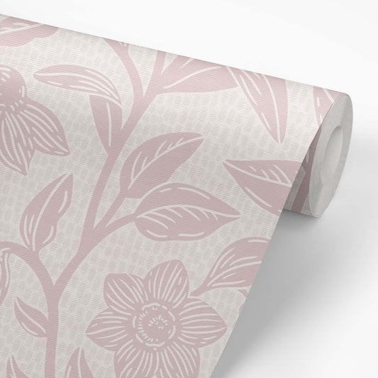 Block Printed Floral Vines Wallpaper in Rose shown on wallpaper roll