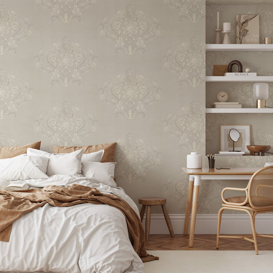 Blooming Block Print Wallpaper in Beige shown in a bedroom.