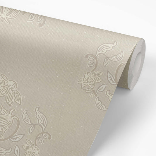 Blooming Block Print Wallpaper in Beige shown on a wallpaper roll.