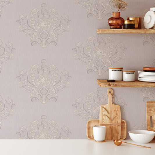 Blooming Block Print Wallpaper in Rose shown in a kitchen.