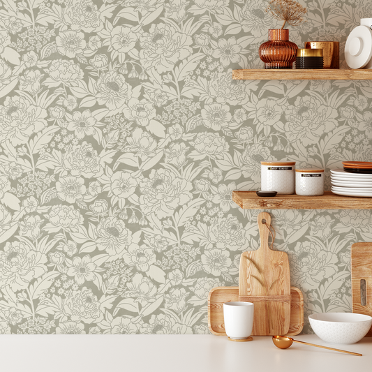 Blooming Wallpaper in Sage shown in the ktichen