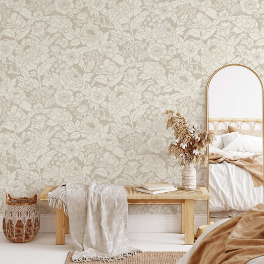 Blooming Wallpaper in Beige in a bedroom