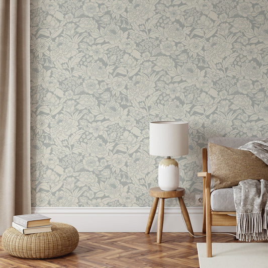 Blooming Wallpaper in Cloudy Blue in a living area room