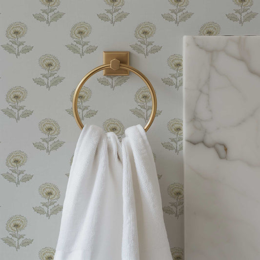 Boho Peony Wallpaper in Light Gray shown in a bathroom.