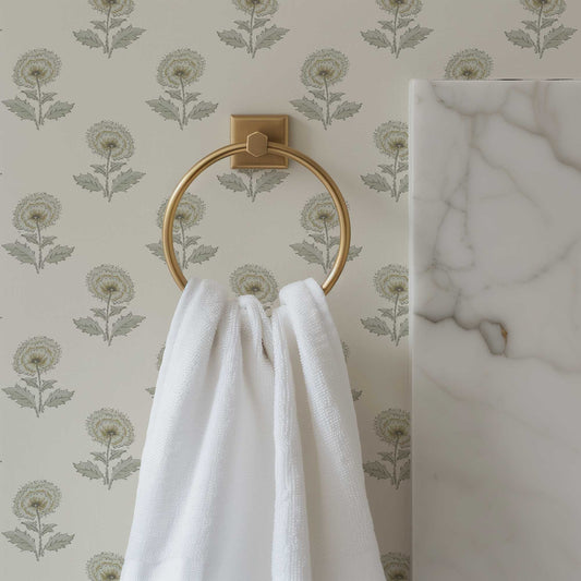 Boho Peony Wallpaper in Cream shown in a bathroom.