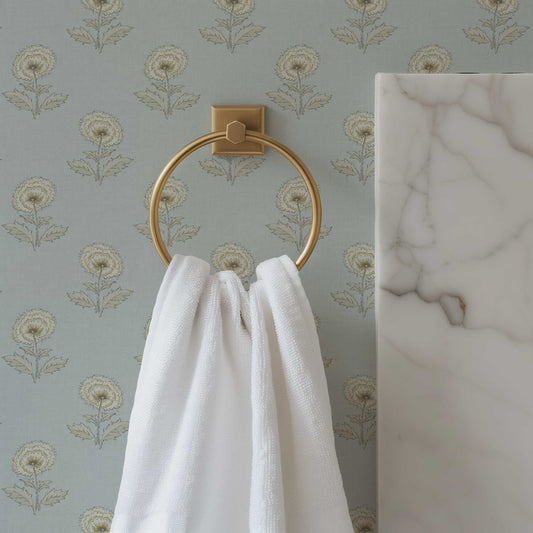 Boho Peony Wallpaper in Sea Blue shown in a bathroom.