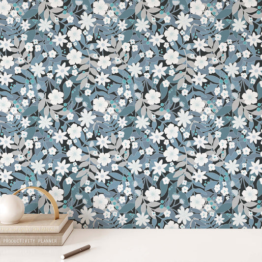 Bold floral design wallpaper scattered flowers shown in a full size image.