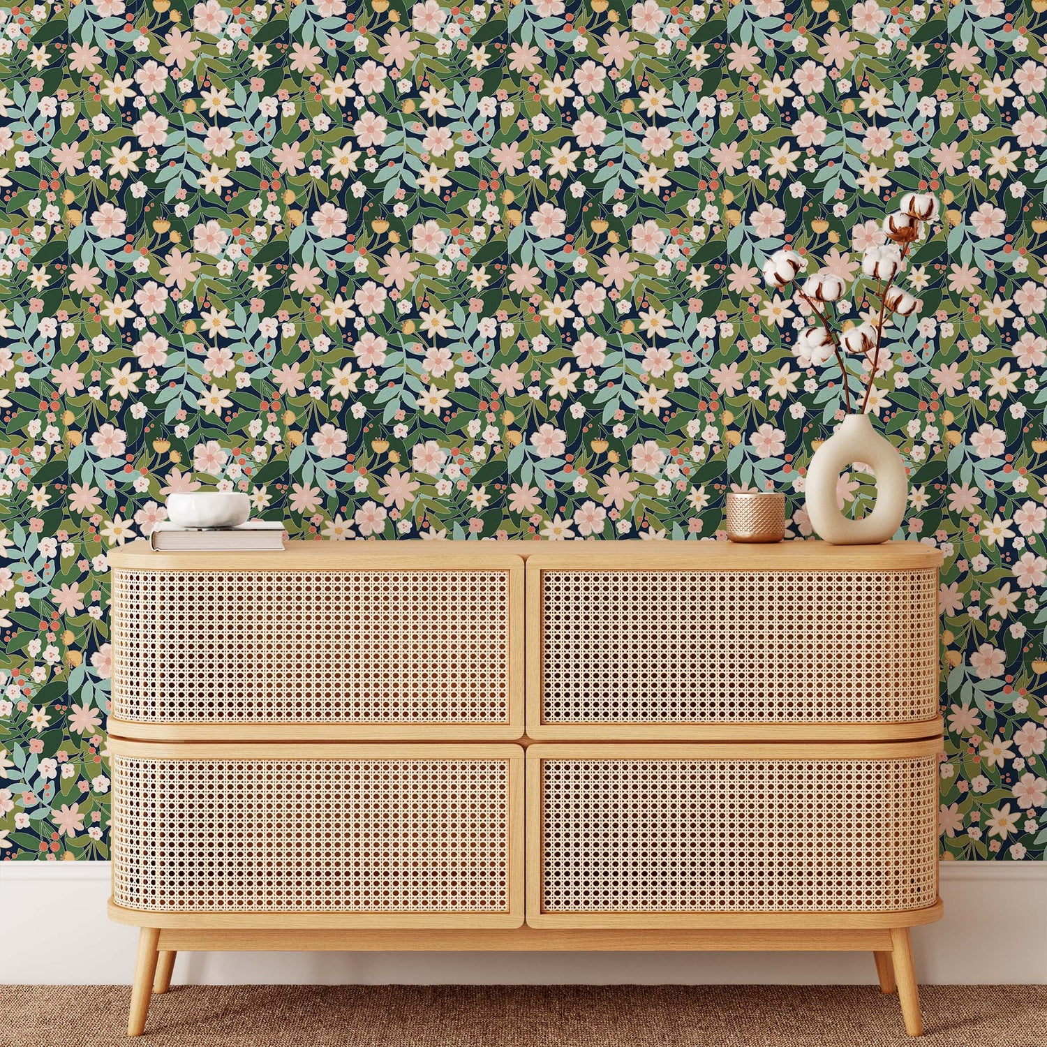 Bold floral design wallpaper in jewel green scattered flowers shown in a full size image.