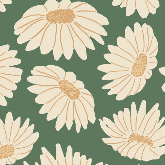 Closeup of Daisies Wallpaper in Green by artist Brenda Bird