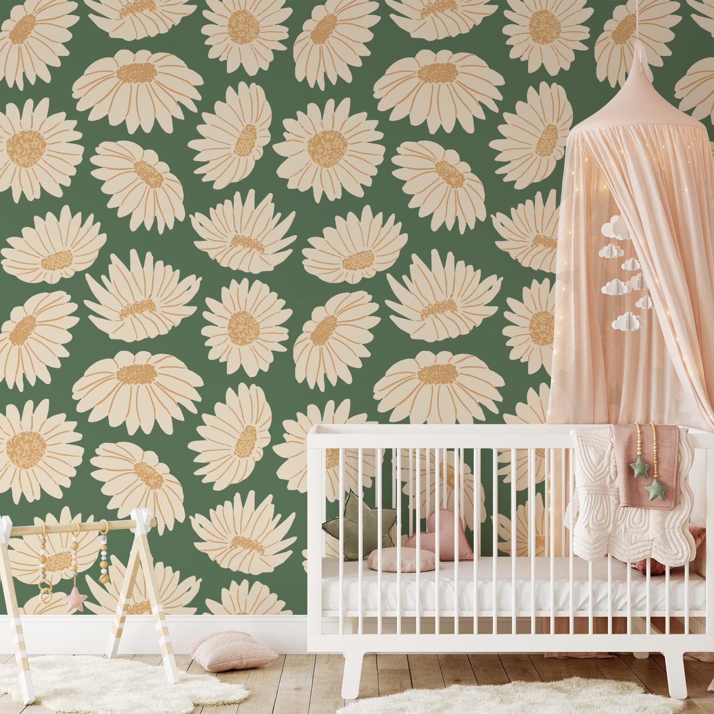 Nursery room preview of Daisies Wallpaper in Green by artist Brenda Bird