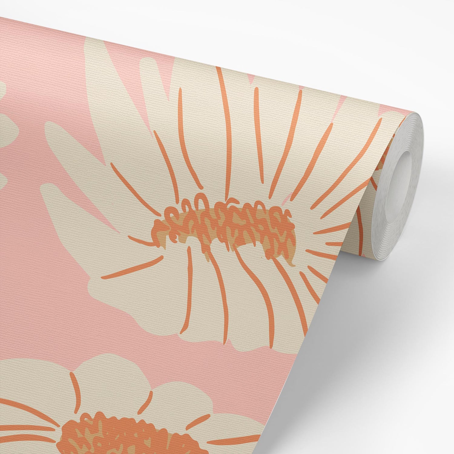 Sample roll of Daisies Wallpaper in Pink by artist Brenda Bird
