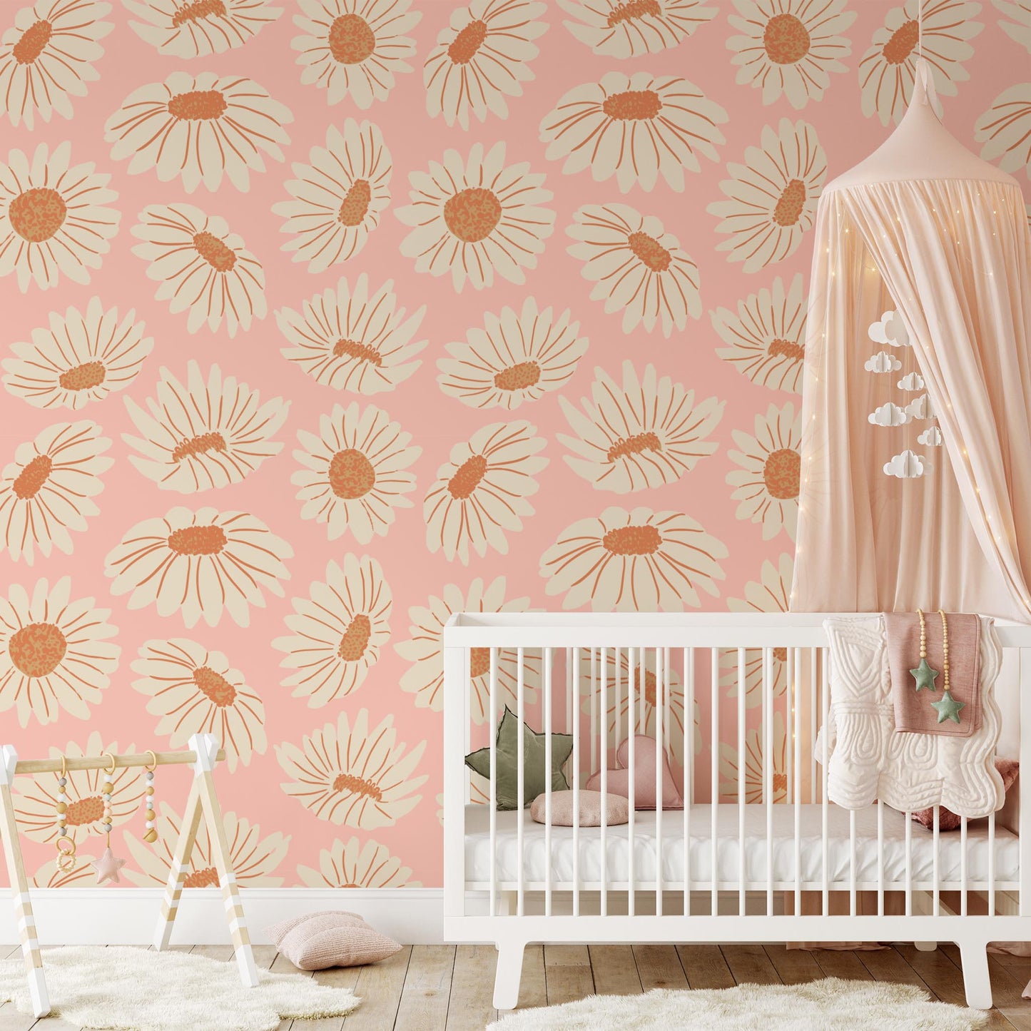 Nursery room preview of Daisies Wallpaper in Pink by artist Brenda Bird
