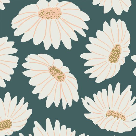 Closeup view of Daisies Wallpaper in Forest Green by artist Brenda Bird