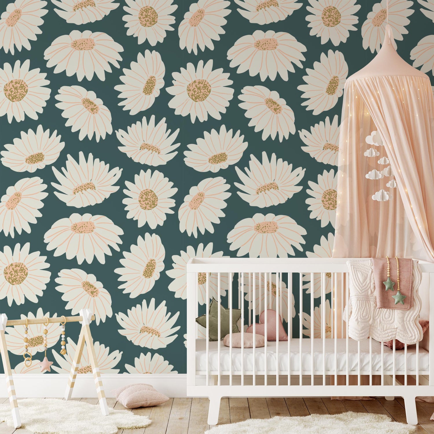 Nursery room preview of Daisies Wallpaper in Forest Green by artist Brenda Bird