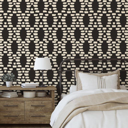 Bedroom preview of Incan Trellis Wallpaper in Black by artist Brenda Bird