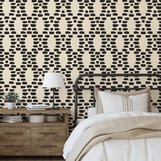 Bedroom preview of Incan Trellis Wallpaper in Cream by artist Brenda Bird