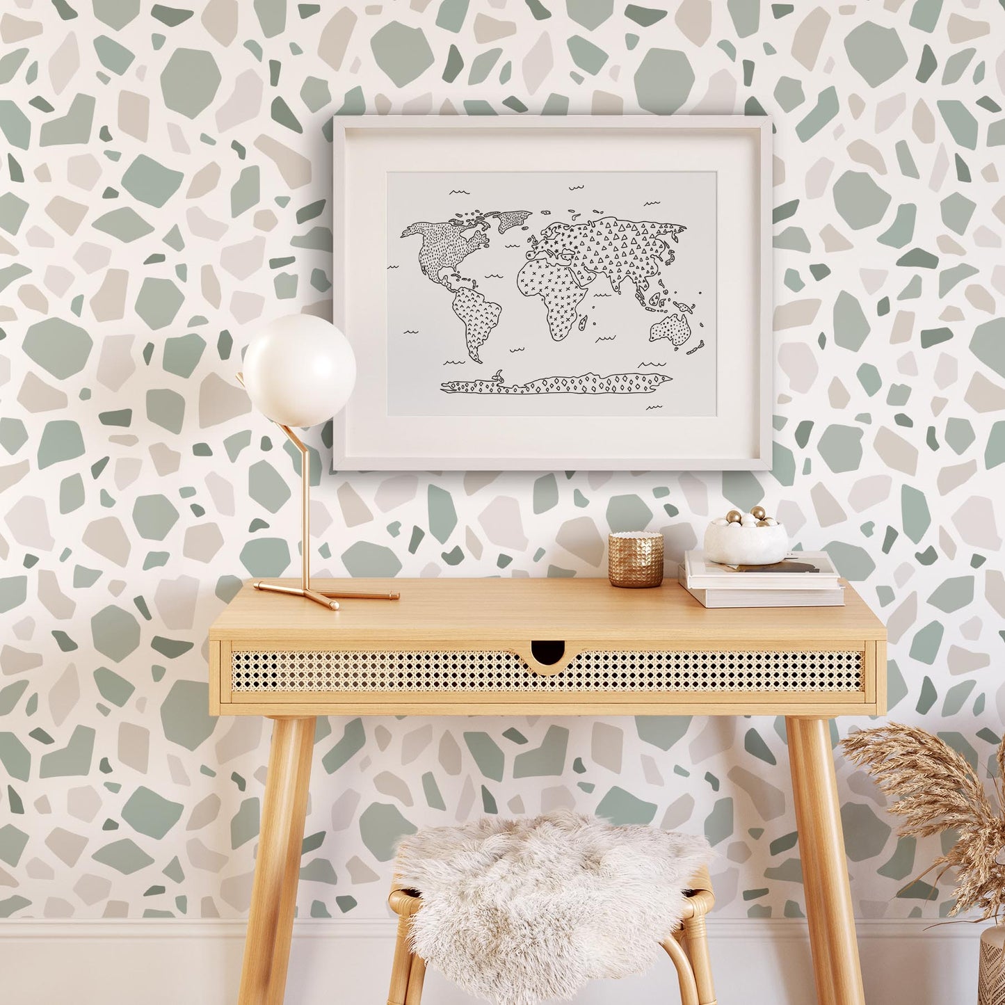 Modern Map art print in Charcoal by artist Brenda Bird pictured in a bedroom